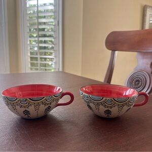 Anthropologie Elka Ayaka Boho Set Of 2 Ceramic Coffee Mugs; Handpainted